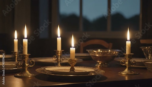 A set of brass candleholders on a dining table, their flames dancing in the candlelight, setting the mood for an intimate dinner