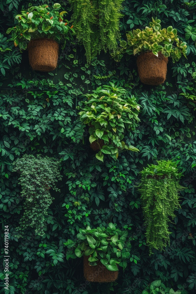 Green wall completely covered in a multitude of vibrant green plants, creating a lush and vertical botanically rich oasis Green wall completely covered in a multitude of vibrant green plants, creating a lush and vertical botanically rich oasis