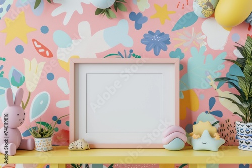 Whimsical Wall Art Mockup with Playful Motifs and Patterns Showcase Your Creativity with a Blank Frame