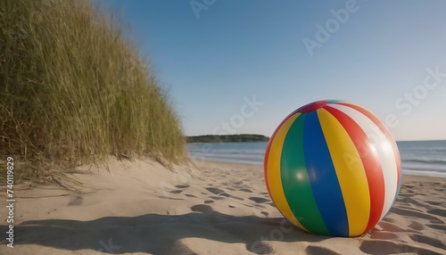 A bright, inflatable beach ball on a sandy shore