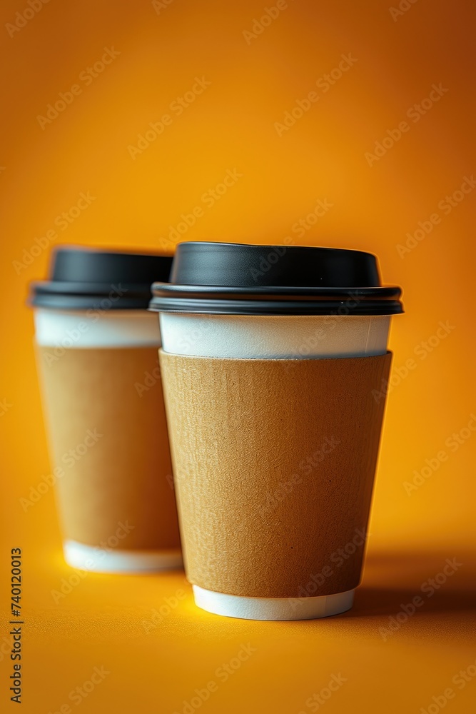 Two paper coffee cups on orange background with shadow. Mockup for design Two paper coffee cups on orange background with shadow. Mockup for design