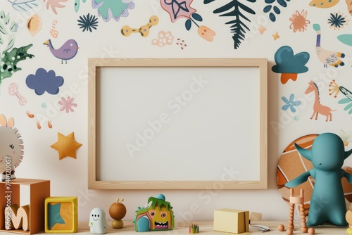 Whimsical Wall Art Mockup with Playful Motifs and Patterns Showcase Your Creativity with a Blank Frame