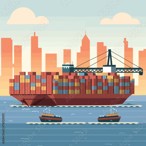 2d vector illustration colorful Land and sea transport techniques, methods and technological tools for transporting and shipping goods and products and logistic 

