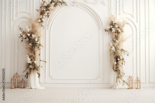 Wedding backdrop white aesthetic flower indoor studio minimalist ornament background