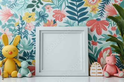 Whimsical Wall Art Mockup with Playful Motifs and Patterns Showcase Your Creativity with a Blank Frame