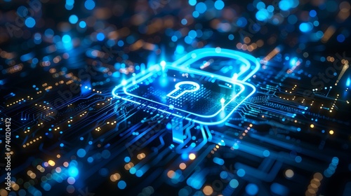 Cyber security concept. Blue lock symbol, point connecting network on blue background. Global connection. data safety.