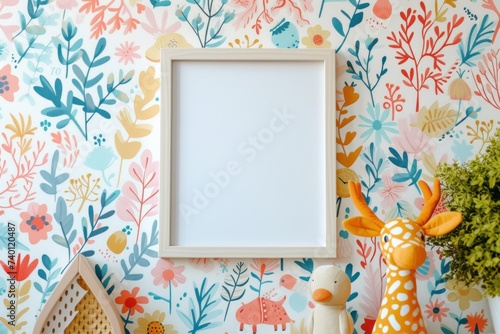 Whimsical Wall Art Mockup with Playful Motifs and Patterns Showcase Your Creativity with a Blank Frame