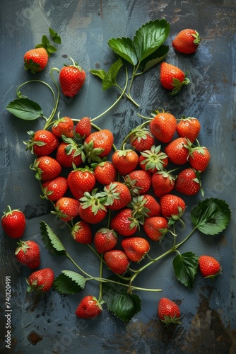 heart-shaped arrangement made entirely of fresh ripe strawberries, placed on a wooden table
