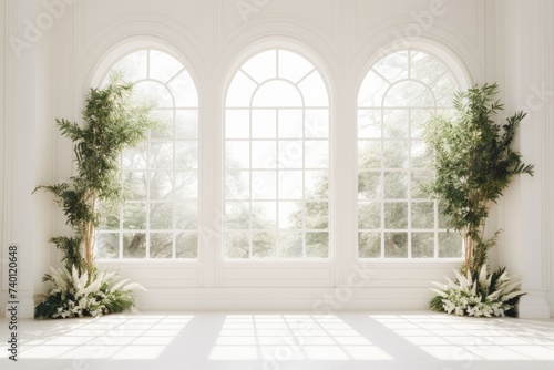 Wedding backdrop white aesthetic flower indoor windowed studio minimalist ornament background © SatuJiwa