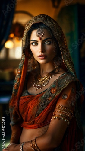 An elegant Indian woman poses in traditional attire and jewellery reflecting her rich cultural heritage