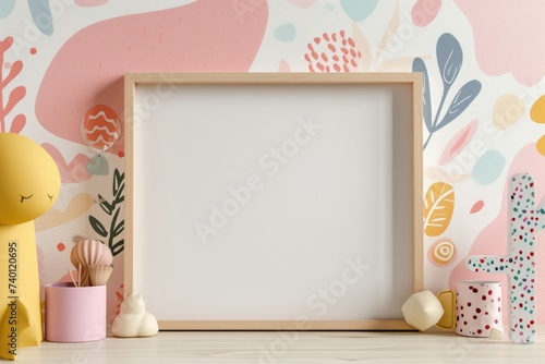 Whimsical Wall Art Mockup with Playful Motifs and Patterns Showcase Your Creativity with a Blank Frame
