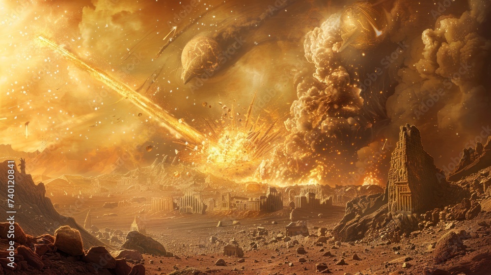 Sodom and Gomorrah destroyed by sulfur meteorites falling from the sky - obrazy, fototapety, plakaty 