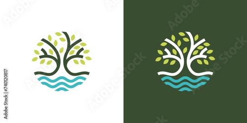 template Vector icon of tree with water. Tree vector logo design with water and natural life. oak tree logo