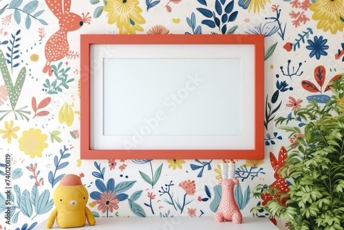 Whimsical Wall Art Mockup with Playful Motifs and Patterns Showcase Your Creativity with a Blank Frame