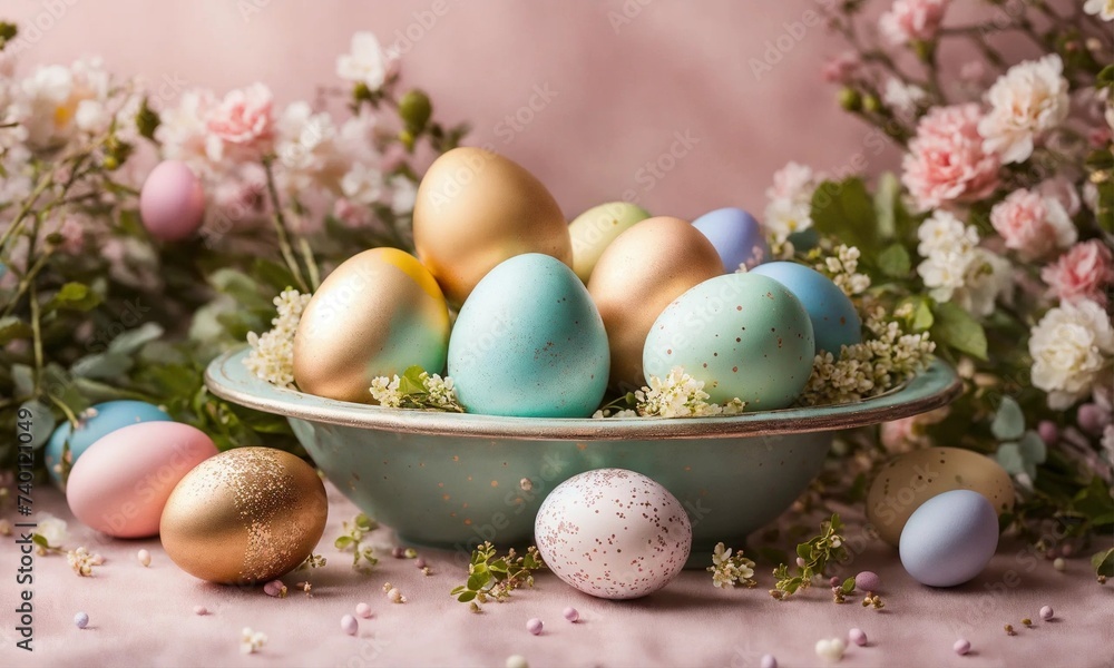 colorful easter eggs and flowers, Happy Easter
