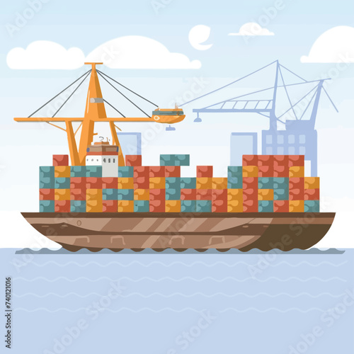 2d vector illustration colorful Land and sea transport techniques, methods and technological tools for transporting and shipping goods and products and logistic 

