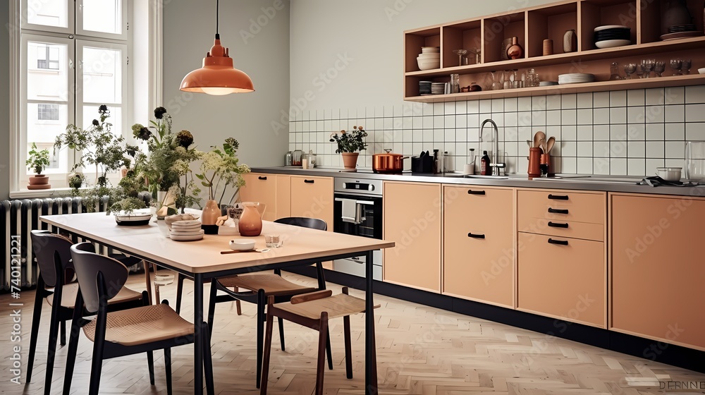 Copenhagen mid-century kitchen with a mix of vintage and modern elements, showcasing the city's design influence