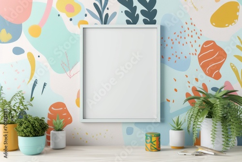 Whimsical Wall Art Mockup with Playful Motifs and Patterns Showcase Your Creativity with a Blank Frame
