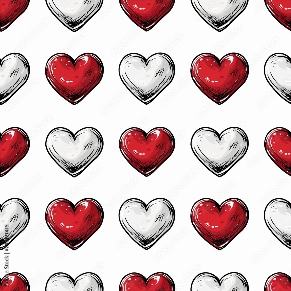 Seamless pattern with white and red hearts. My love is drawing. 