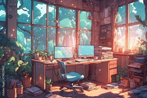 Lofi empty interior. Messy desk, window view of a forest, jungle. Anime, manga style. Colorful study lo-fi desk. Cozy chill vibe. Hip-hop atmoshperic lighs. Stars 4k wallpaper