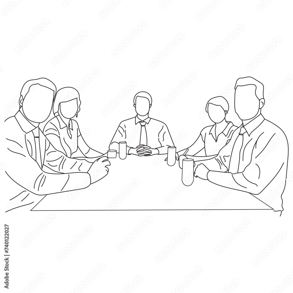 Business meeting discussion between workers in the office hand drawn vector illustration line art design.
