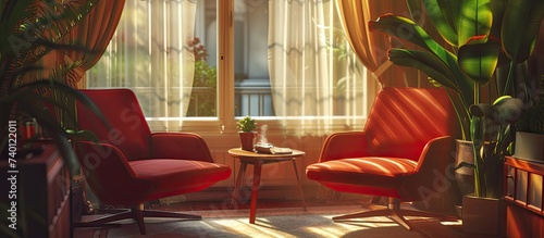 This photograph showcases a cozy living room with two red chairs placed beside a window, providing an ideal spot for reading, smoking, and enjoying the interplay of light and shadows. photo