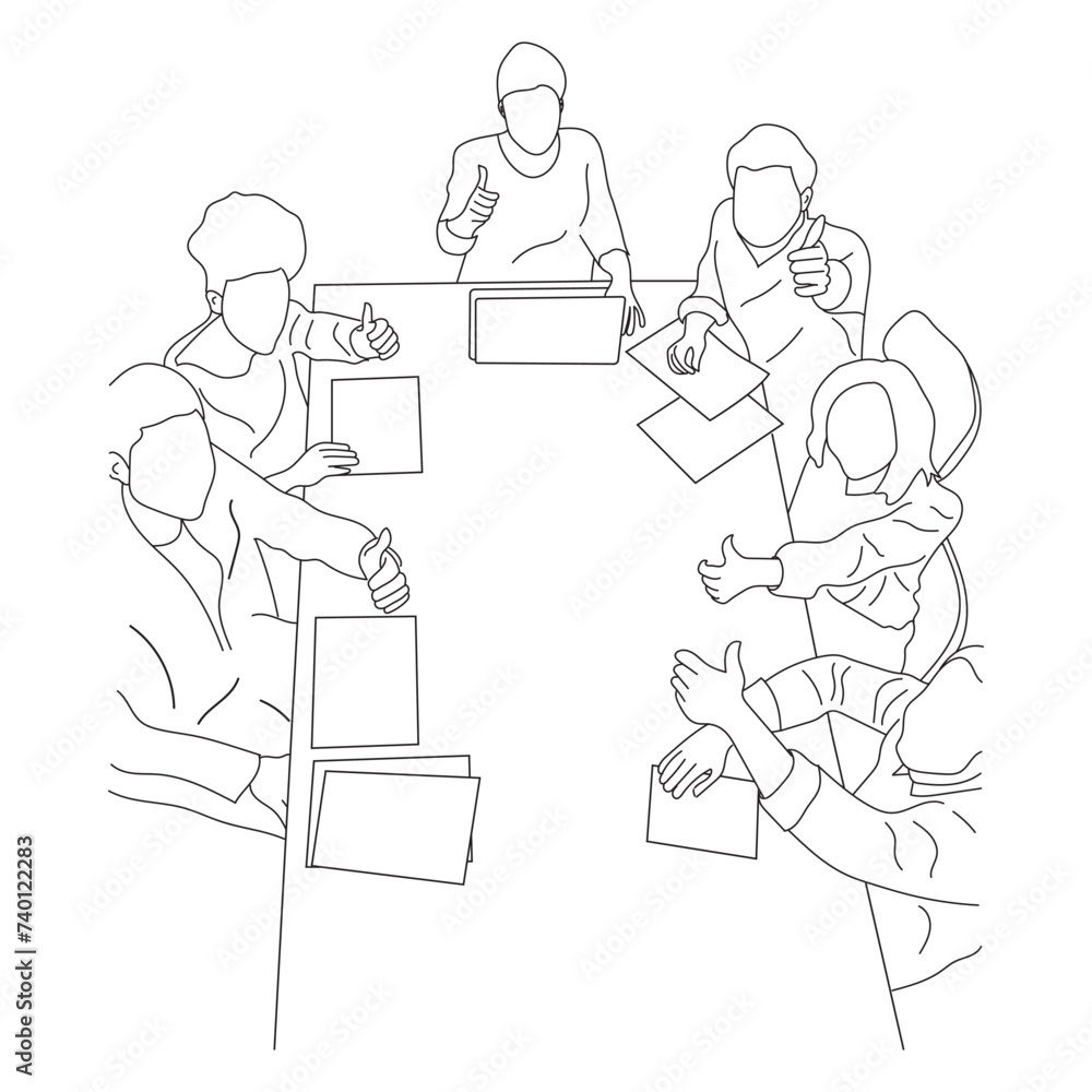 Business meeting discussion between workers in the office hand drawn vector illustration line art design.
Business meeting discussion between workers in the office hand drawn vector illustration line art design.