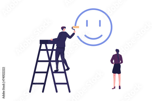 Happiness and positive thinking, optimism or motivation to live happy life concept, happy boy climb up ladder to paint smile face on the wall