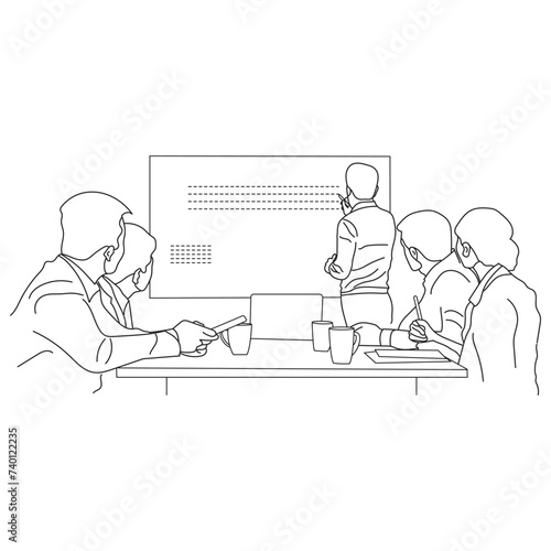 Business meeting discussion between workers in the office hand drawn vector illustration line art design.
