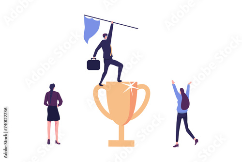 cheerful businessman winner raising flag on winning trophy. Victory or business achievement, triumph or award winning, accomplishment for leadership success, determination for career success concept.