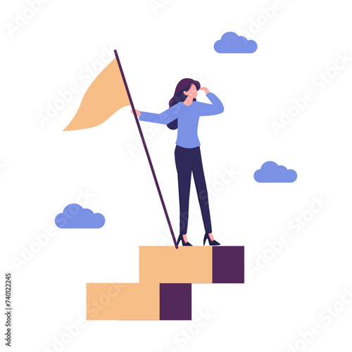 Success fearless female entrepreneur, woman leadership or challenge and achievement concept, success businesswoman on top of career staircase holding winning flag looking for future visionary.