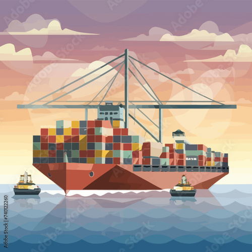 2d vector illustration colorful Land and sea transport techniques, methods and technological tools for transporting and shipping goods and products and logistic 

