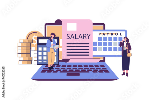 Salary payroll system, online income calculate and automatic payment, office accounting administrative or calendar pay date, employee wages concept, businessman standing with online payroll computer.