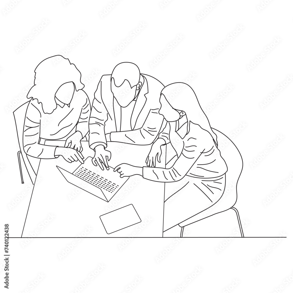 Business meeting discussion between workers in the office hand drawn vector illustration line art design.
Business meeting discussion between workers in the office hand drawn vector illustration line art design.