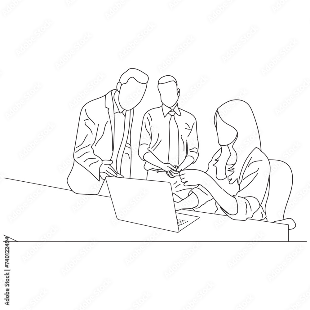 Business meeting discussion between workers in the office hand drawn vector illustration line art design.
Business meeting discussion between workers in the office hand drawn vector illustration line art design.