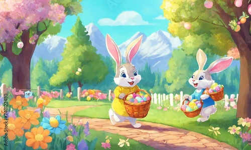 Happy Easter  Easter bunny and egg in field  spring holiday