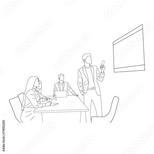 Business meeting discussion between workers in the office hand drawn vector illustration line art design.
