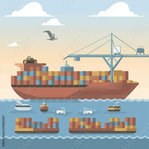 2d vector illustration colorful Land and sea transport techniques, methods and technological tools for transporting and shipping goods and products and logistic 

