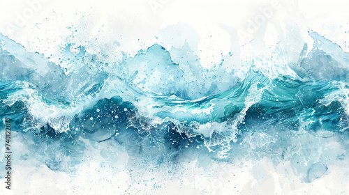 abstract watercolor painting depicting the crashing waves of the sea in a spectrum of blues.