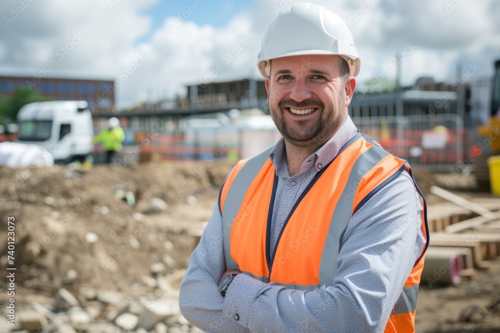 project manager of a construction site looking pretty pleased with himself 