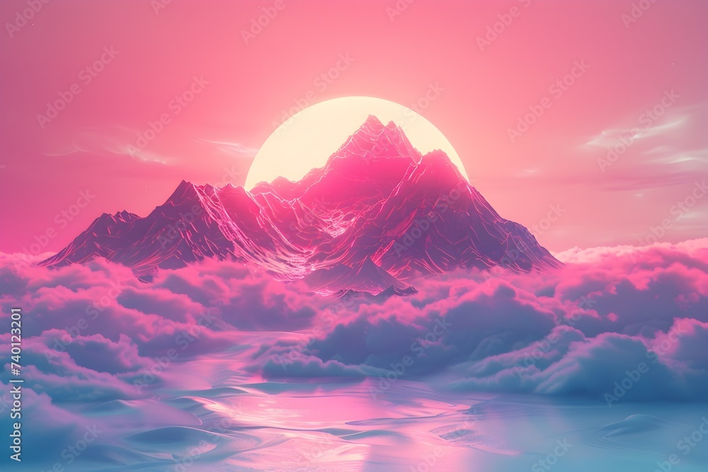 Synthwave Mountains at Sunrise with Floating Clouds psychedelic rock landscape 80s retro visual design background - obrazy, fototapety, plakaty 