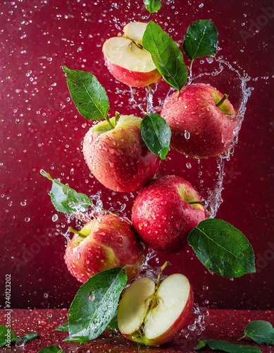 The red background provides a bold setting for apples with glistening green leaves and delicate water droplets.