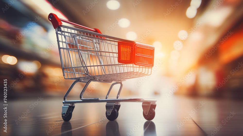 empty shopping cart in a supermarket. blurred background empty shopping cart in a supermarket. blurred background