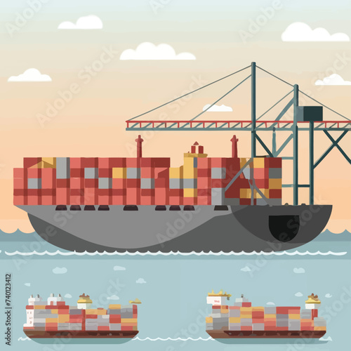 2d vector illustration colorful Land and sea transport techniques, methods and technological tools for transporting and shipping goods and products and logistic 

