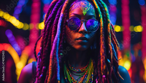 Portrait of a female psytrance and Goa fan with colorful dreadlocks, ultraviolet face paint and necklaces. - Generative AI