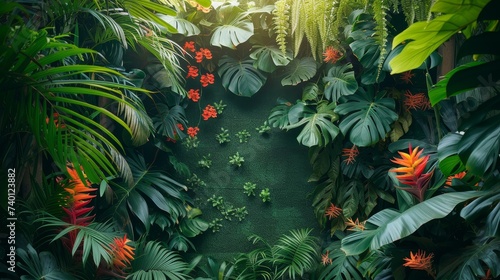 Dense greenery of a tropical jungle with vibrant flora under a soft light.