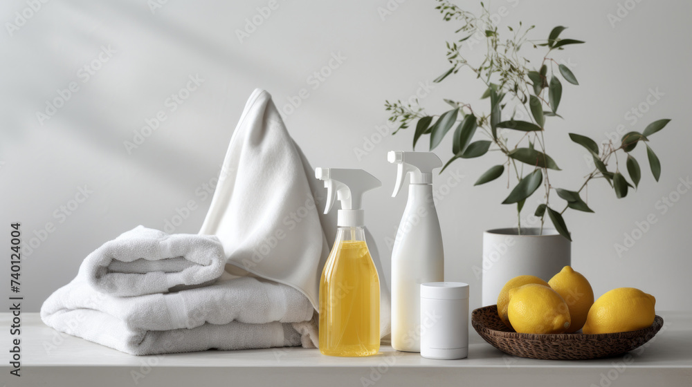 Eco-Friendly Household Cleaning Supplies. DIY all-purpose cleaners and disinfectants. eco-friendly DIY cleaning supplies, including a spray bottle, lemons, and a cloth. - obrazy, fototapety, plakaty 