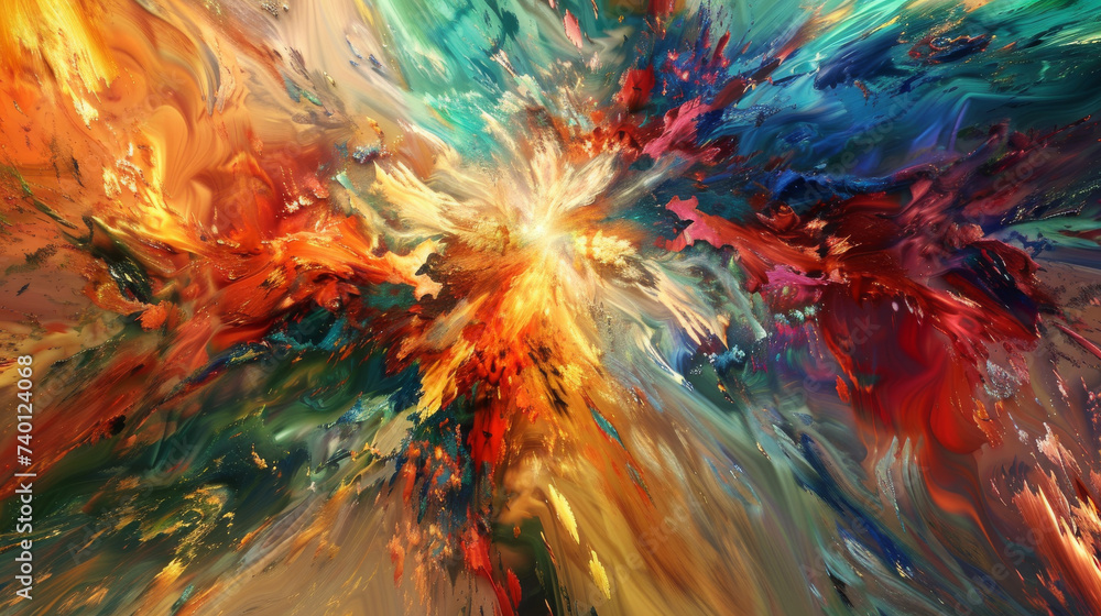 abstract painting capturing the essence of a fantasy battle, with explosive colors representing different elements and magic.

