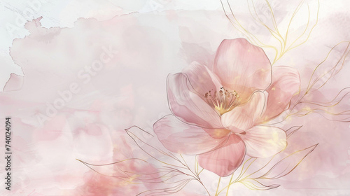 background in a minimal style, featuring golden line art depicting a sophisticated arrangement of flowers and leaves.