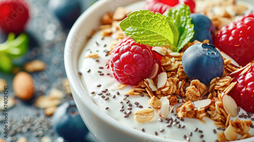 A bowl of creamy yogurt is topped with a nutritious mix of granola, fresh berries, almonds, and chia seeds. This close-up captures the textures and colors of a healthy breakfast option.